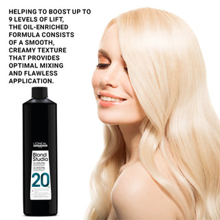 L’Oréal Professionnel Blond Studio Oil Developer 20 Vol 1000ml professional oil-enriched developer for controlled blonding and salon-quality lightening results.