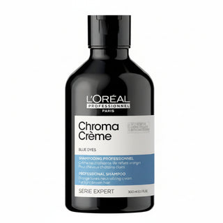 L’Oréal Professionnel Chroma Crème Blue Shampoo 300ml for light to medium brown hair, neutralizing orange tones and enhancing brunette color vibrancy.
