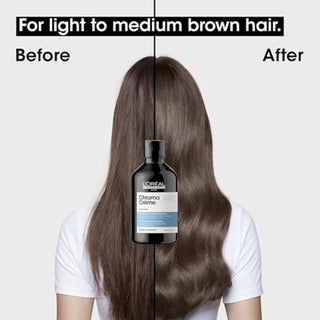 L’Oréal Professionnel Chroma Crème Blue Shampoo 300ml for light to medium brown hair, neutralizing orange tones and enhancing brunette color vibrancy.