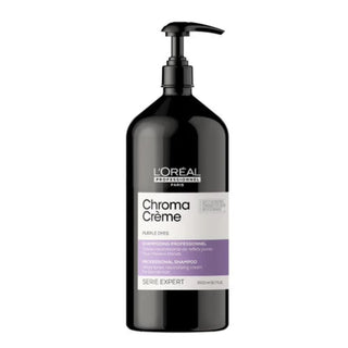 L’Oréal Professionnel Chroma Crème Purple Shampoo 1500ml for blonde to platinum blonde hair, neutralizing yellow tones and enhancing brightness.