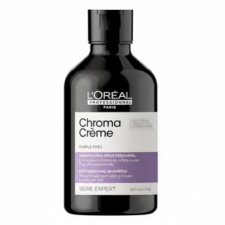 L’Oréal Professionnel Chroma Crème Purple Shampoo 300ml for blonde to platinum blonde hair, neutralizing yellow tones and enhancing shine.