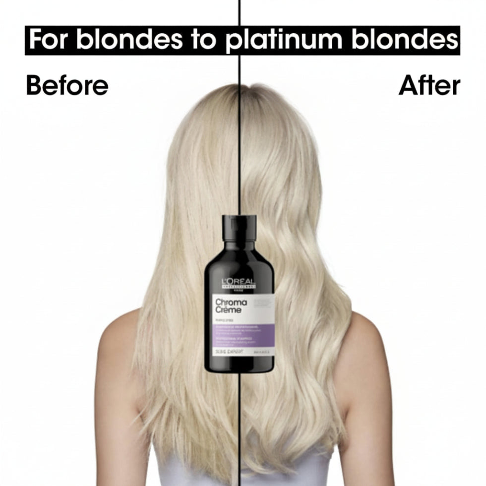 L’Oréal Professionnel Chroma Crème Purple Shampoo 300ml for blonde to platinum blonde hair, neutralizing yellow tones and enhancing shine.