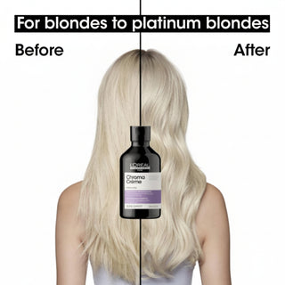 L’Oréal Professionnel Chroma Crème Purple Shampoo 300ml for blonde to platinum blonde hair, neutralizing yellow tones and enhancing shine.