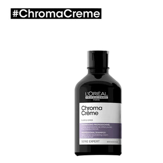 L’Oréal Professionnel Chroma Crème Purple Shampoo 300ml for blonde to platinum blonde hair, neutralizing yellow tones and enhancing shine.