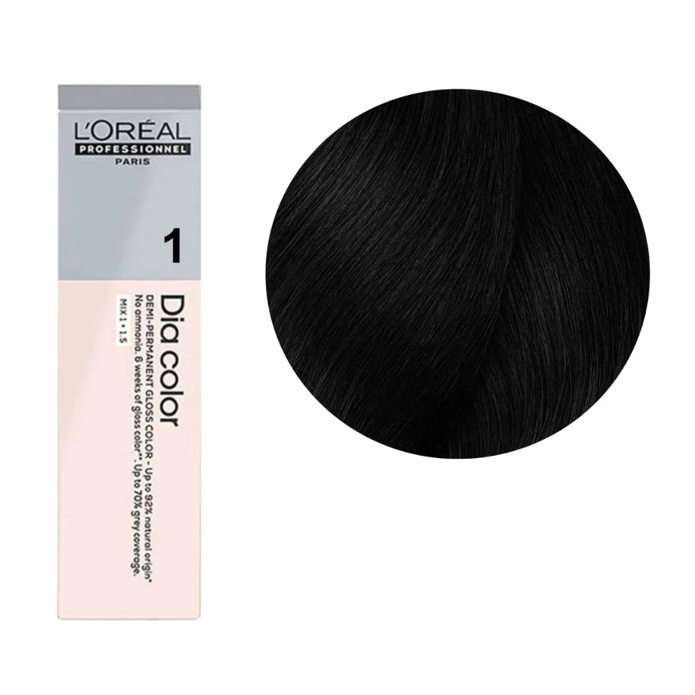 L’Oréal Professionnel Dia Color 1 Black 60ml demi permanent hair color with rich black tone and glossy shine finish