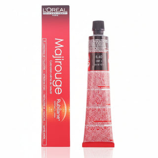 L’Oréal Professionnel Majirouge 6.40 Dark Extra Copper Blonde permanent hair color with vibrant copper shine and professional gray coverage.