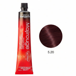 L’Oréal Professionnel Majirouge C5.20 Carmilane Light Extra Burgundy Brown permanent hair color with vibrant shine and gray coverage.