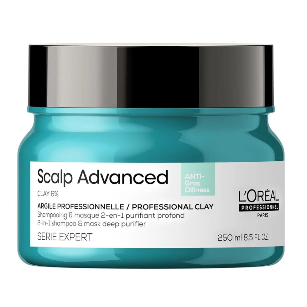 L’Oréal Professionnel Scalp Advanced Anti-Oiliness 2-in-1 Shampoo and Mask 250ml for oily scalp purification, deep cleansing, and freshness.
