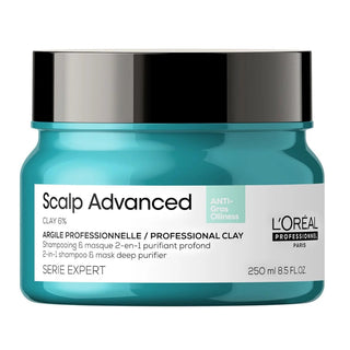 L’Oréal Professionnel Scalp Advanced Anti-Oiliness 2-in-1 Shampoo and Mask 250ml for oily scalp purification, deep cleansing, and freshness.