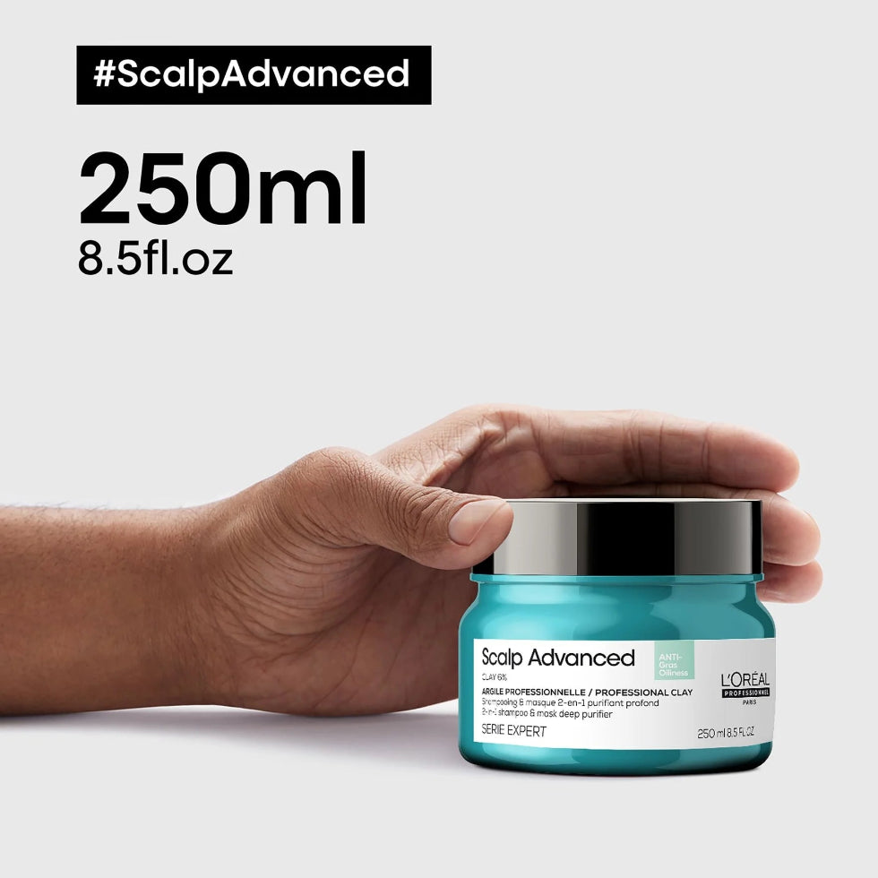 L’Oréal Professionnel Scalp Advanced Anti-Oiliness 2-in-1 Shampoo and Mask 250ml for oily scalp purification, deep cleansing, and freshness.