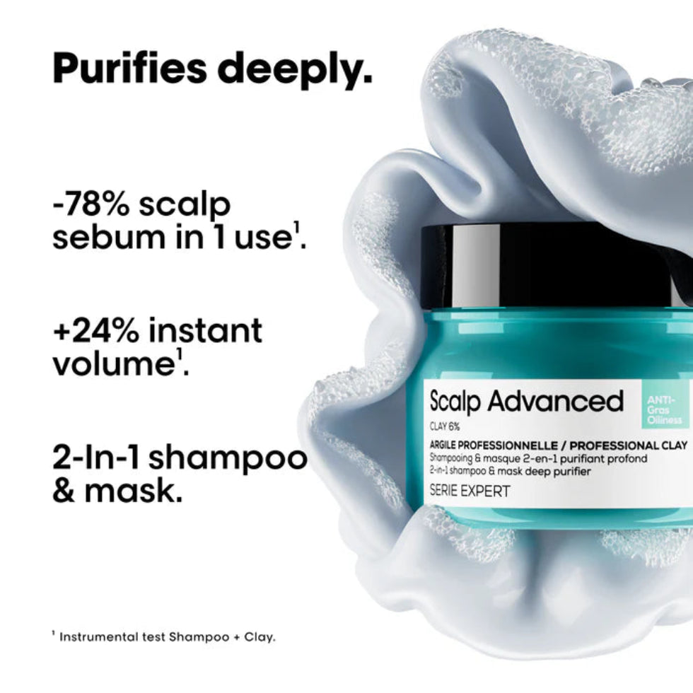 L’Oréal Professionnel Scalp Advanced Anti-Oiliness 2-in-1 Shampoo and Mask 250ml for oily scalp purification, deep cleansing, and freshness.