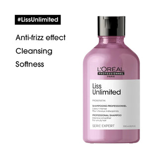L’Oréal Professionnel Serie Expert Liss Unlimited Intensive Smoother Shampoo 300ml for frizz control, smooth hair, humidity protection, and professional salon care.