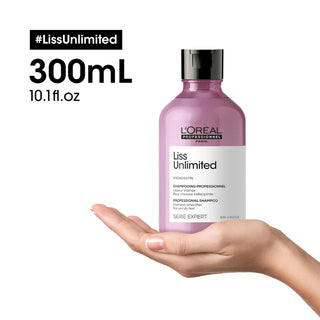 L’Oréal Professionnel Serie Expert Liss Unlimited Intensive Smoother Shampoo 300ml for frizz control, smooth hair, humidity protection, and professional salon care.