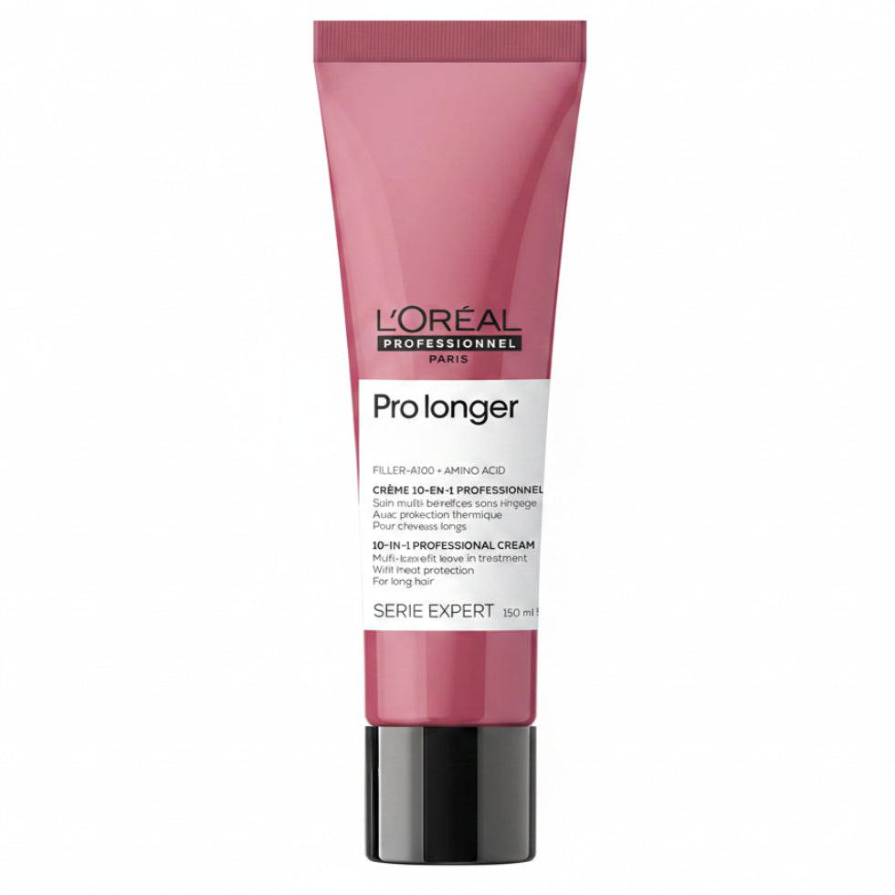 L’Oréal Professionnel Serie Expert Pro Longer 10-In-1 Cream 150ml for long hair care, heat protection, split end care, and enhanced softness and shine.