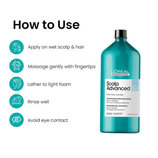 L’Oréal Professionnel Serie Expert Scalp Advanced Anti-Dandruff Dermo-Clarifier Shampoo 1500ml for dandruff control, scalp purification, and professional scalp care.