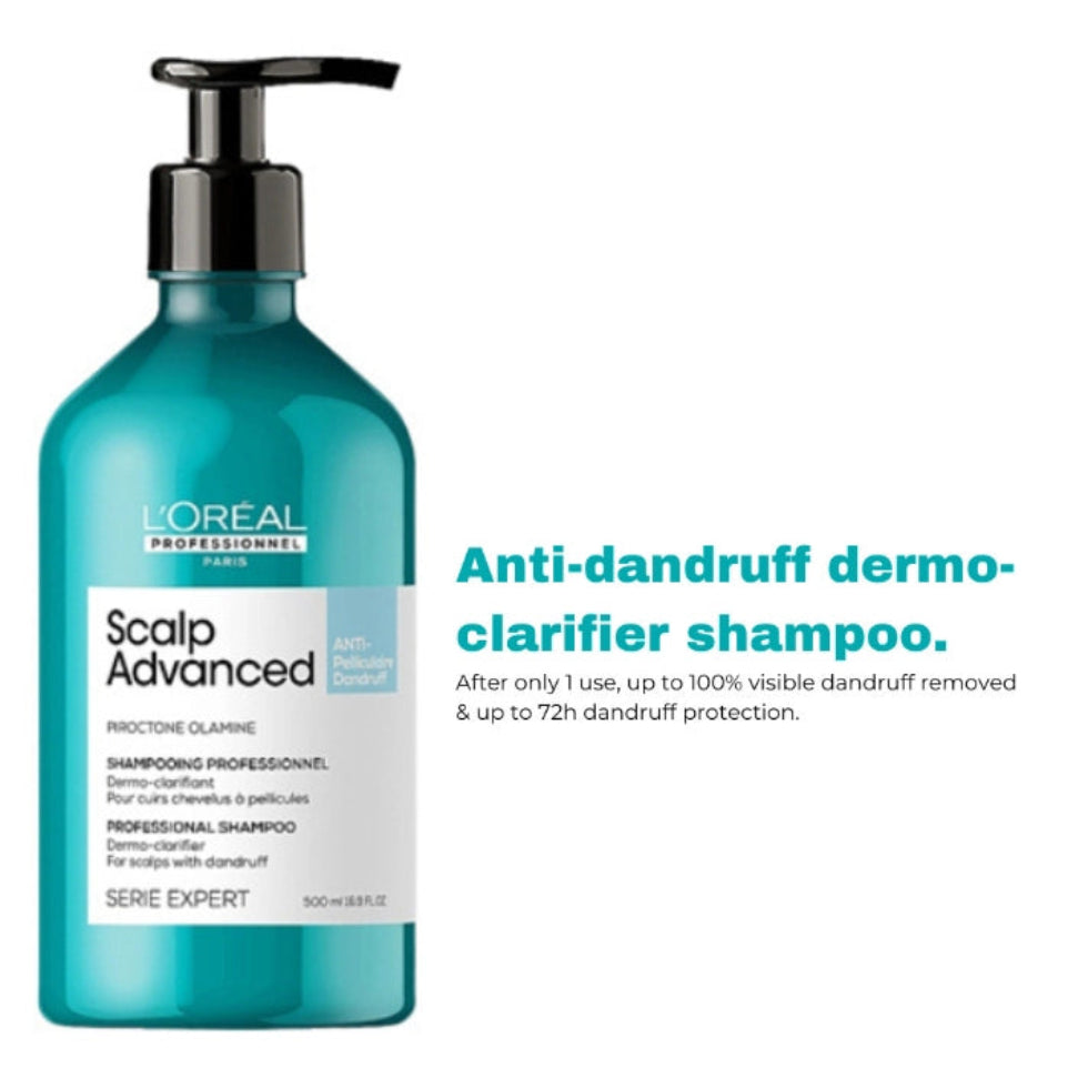 L’Oréal Professionnel Serie Expert Scalp Advanced Anti-Dandruff Dermo-Clarifier Shampoo 500ml for dandruff control, scalp purification, and professional scalp care.