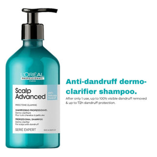 L’Oréal Professionnel Serie Expert Scalp Advanced Anti-Dandruff Dermo-Clarifier Shampoo 500ml for dandruff control, scalp purification, and professional scalp care.