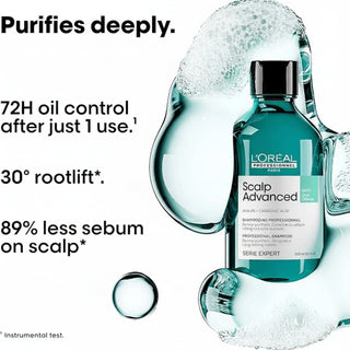 L’Oréal Professionnel Serie Expert Scalp Advanced Anti-Oiliness Dermo-Purifier Shampoo 300ml for oily scalp cleansing, sebum control, and long-lasting freshness.