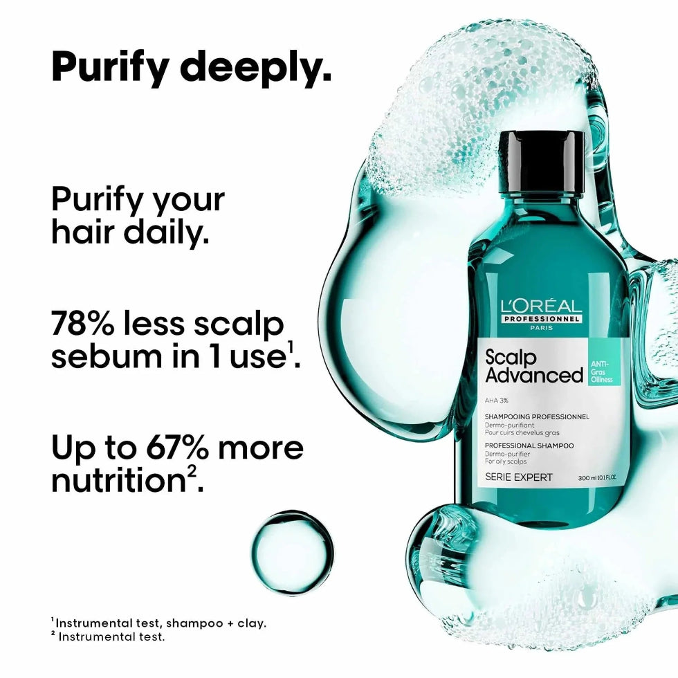 L’Oréal Professionnel Serie Expert Scalp Advanced Anti-Oiliness Dermo-Purifier Shampoo 500ml for oily scalp cleansing, sebum control, and professional scalp care.