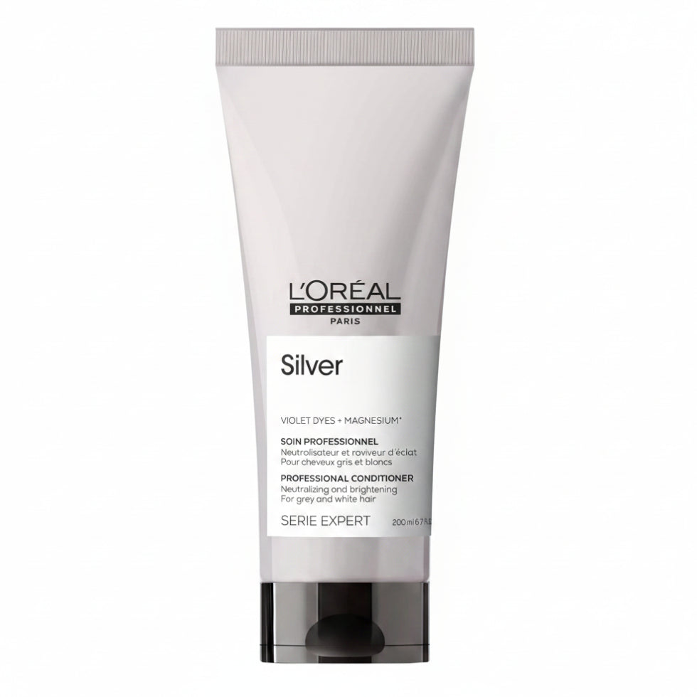 L’Oréal Professionnel Serie Expert Silver Conditioner 200ml for blonde, grey, and white hair, providing hydration, softness, and shine.