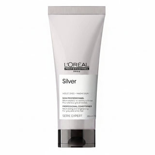 L’Oréal Professionnel Serie Expert Silver Conditioner 200ml for blonde, grey, and white hair, providing hydration, softness, and shine.