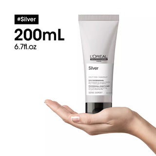 L’Oréal Professionnel Serie Expert Silver Conditioner 200ml for blonde, grey, and white hair, providing hydration, softness, and shine.