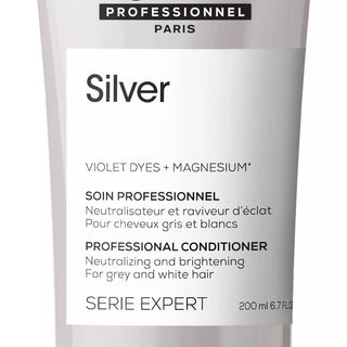 L’Oréal Professionnel Serie Expert Silver Conditioner 200ml for blonde, grey, and white hair, providing hydration, softness, and shine.