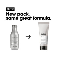 L’Oréal Professionnel Serie Expert Silver Conditioner 200ml for blonde, grey, and white hair, providing hydration, softness, and shine.