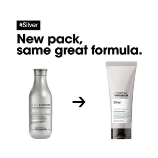 L’Oréal Professionnel Serie Expert Silver Conditioner 200ml for blonde, grey, and white hair, providing hydration, softness, and shine.