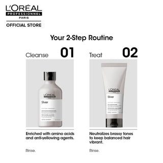 L’Oréal Professionnel Serie Expert Silver Conditioner 200ml for blonde, grey, and white hair, providing hydration, softness, and shine.