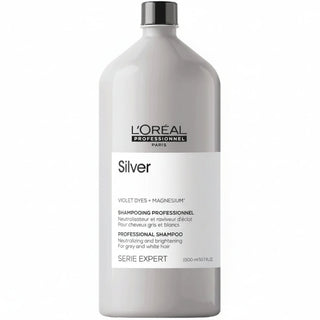 L’Oréal Professionnel Serie Expert Silver Shampoo 1500ml for blonde, grey, and white hair, neutralizing yellow tones and enhancing shine.
