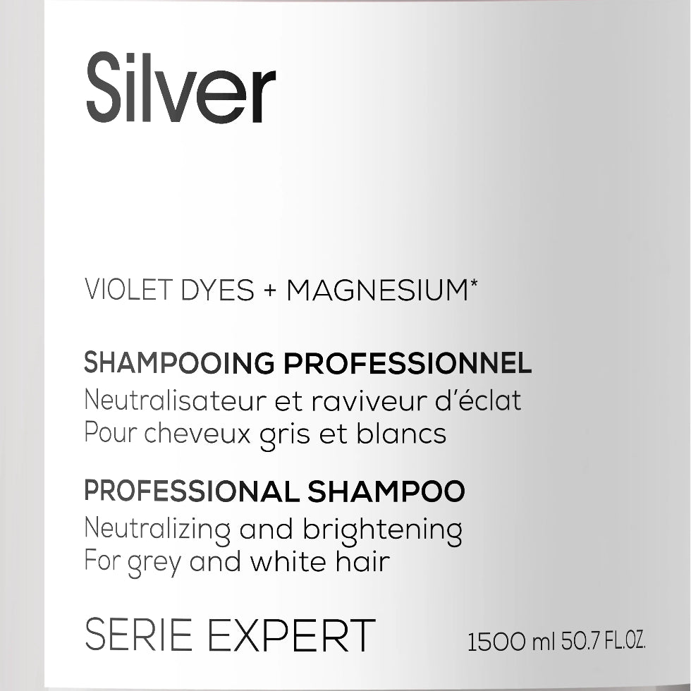 L’Oréal Professionnel Serie Expert Silver Shampoo 1500ml for blonde, grey, and white hair, neutralizing yellow tones and enhancing shine.