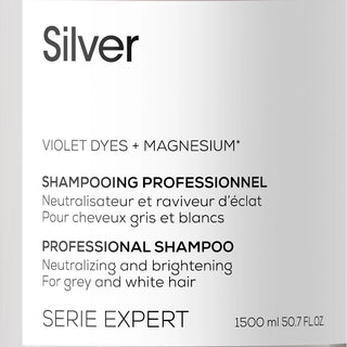 L’Oréal Professionnel Serie Expert Silver Shampoo 1500ml for blonde, grey, and white hair, neutralizing yellow tones and enhancing shine.