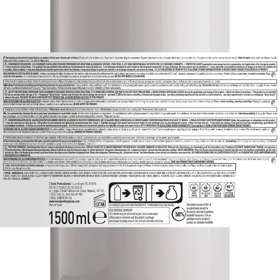 L’Oréal Professionnel Serie Expert Silver Shampoo 1500ml for blonde, grey, and white hair, neutralizing yellow tones and enhancing shine.