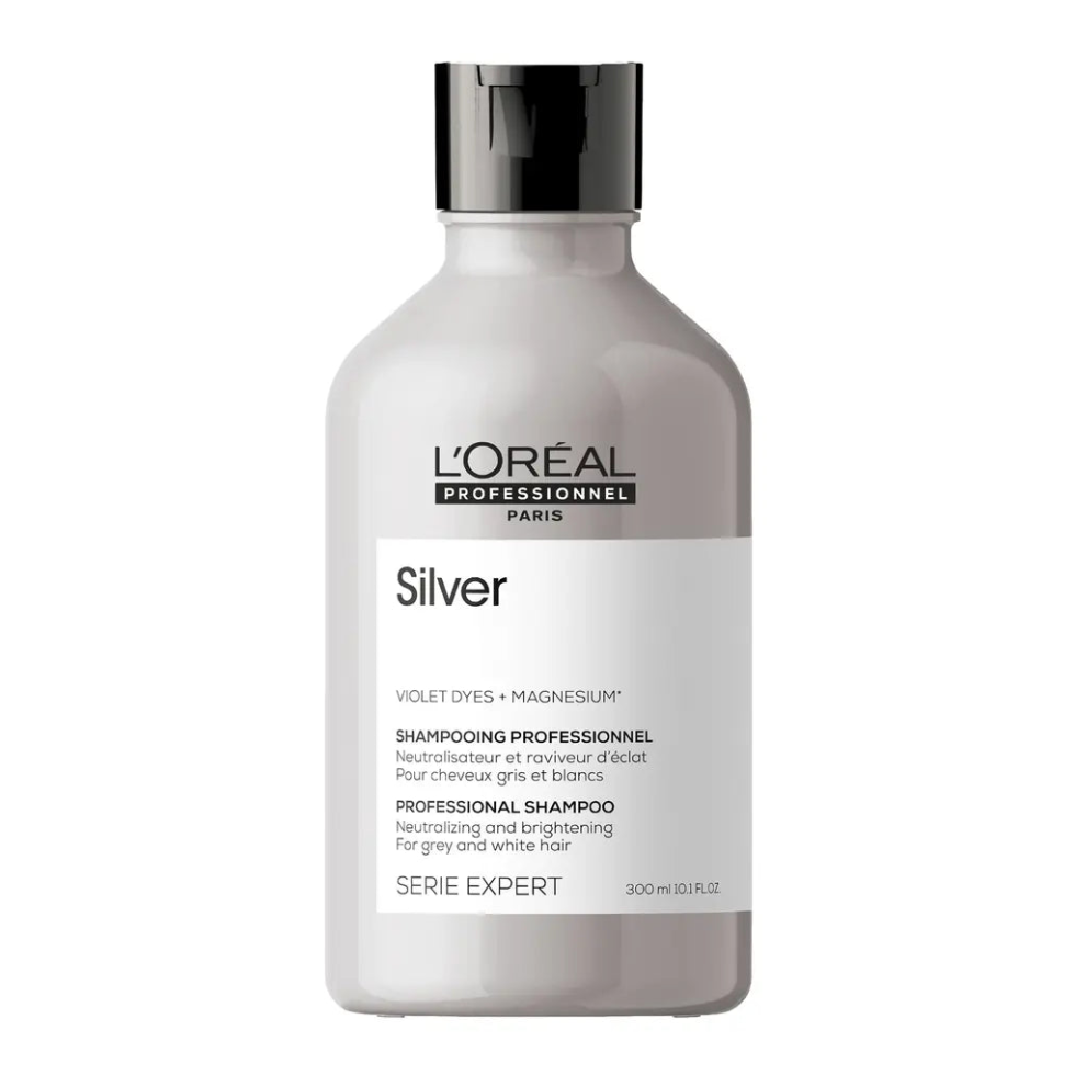 L’Oréal Professionnel Serie Expert Silver Shampoo 300ml for blonde, grey, and white hair, neutralizing yellow tones and enhancing shine.
