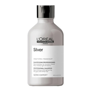 L’Oréal Professionnel Serie Expert Silver Shampoo 300ml for blonde, grey, and white hair, neutralizing yellow tones and enhancing shine.