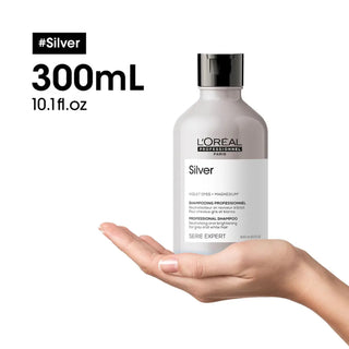 L’Oréal Professionnel Serie Expert Silver Shampoo 300ml for blonde, grey, and white hair, neutralizing yellow tones and enhancing shine.