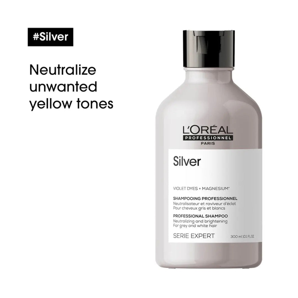 L’Oréal Professionnel Serie Expert Silver Shampoo 300ml for blonde, grey, and white hair, neutralizing yellow tones and enhancing shine.