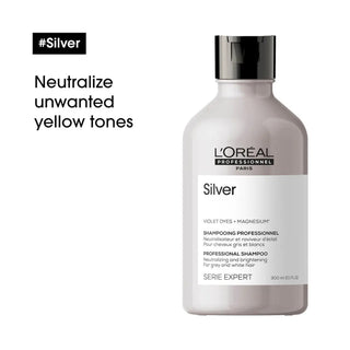 L’Oréal Professionnel Serie Expert Silver Shampoo 300ml for blonde, grey, and white hair, neutralizing yellow tones and enhancing shine.