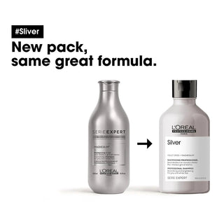 L’Oréal Professionnel Serie Expert Silver Shampoo 300ml for blonde, grey, and white hair, neutralizing yellow tones and enhancing shine.