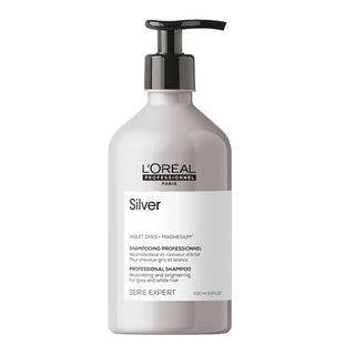 L’Oréal Professionnel Serie Expert Silver Shampoo 500ml for blonde, grey, and white hair, neutralizing yellow tones and enhancing shine.