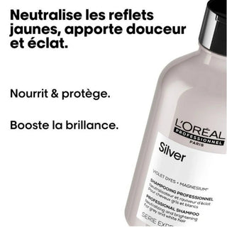 L’Oréal Professionnel Serie Expert Silver Shampoo 500ml for blonde, grey, and white hair, neutralizing yellow tones and enhancing shine.