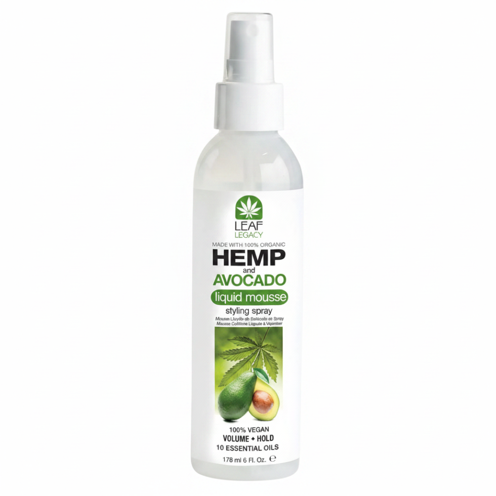 Leaf Legacy hemp and avocado liquid mousse styling spray 6oz instant volume hold lightweight styling mousse for soft touchable fuller defined hair