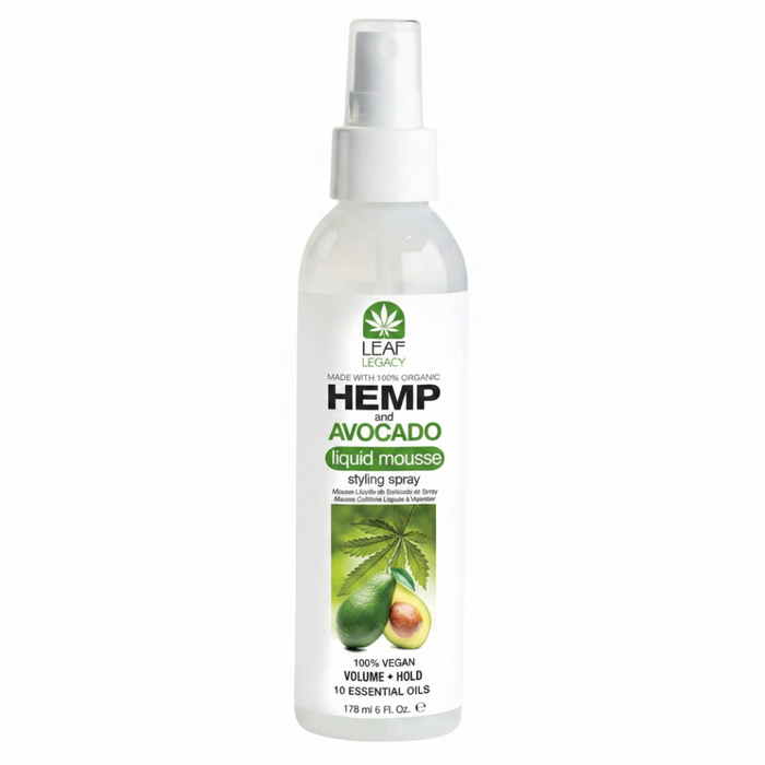 Leaf Legacy hemp and avocado liquid mousse styling spray 6oz instant volume hold lightweight styling mousse for soft touchable fuller defined hair