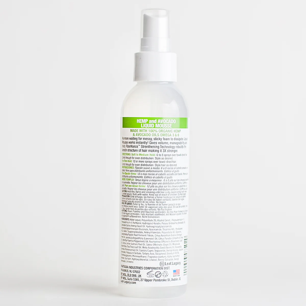 Leaf Legacy hemp and avocado liquid mousse styling spray 6oz instant volume hold lightweight styling mousse for soft touchable fuller defined hair