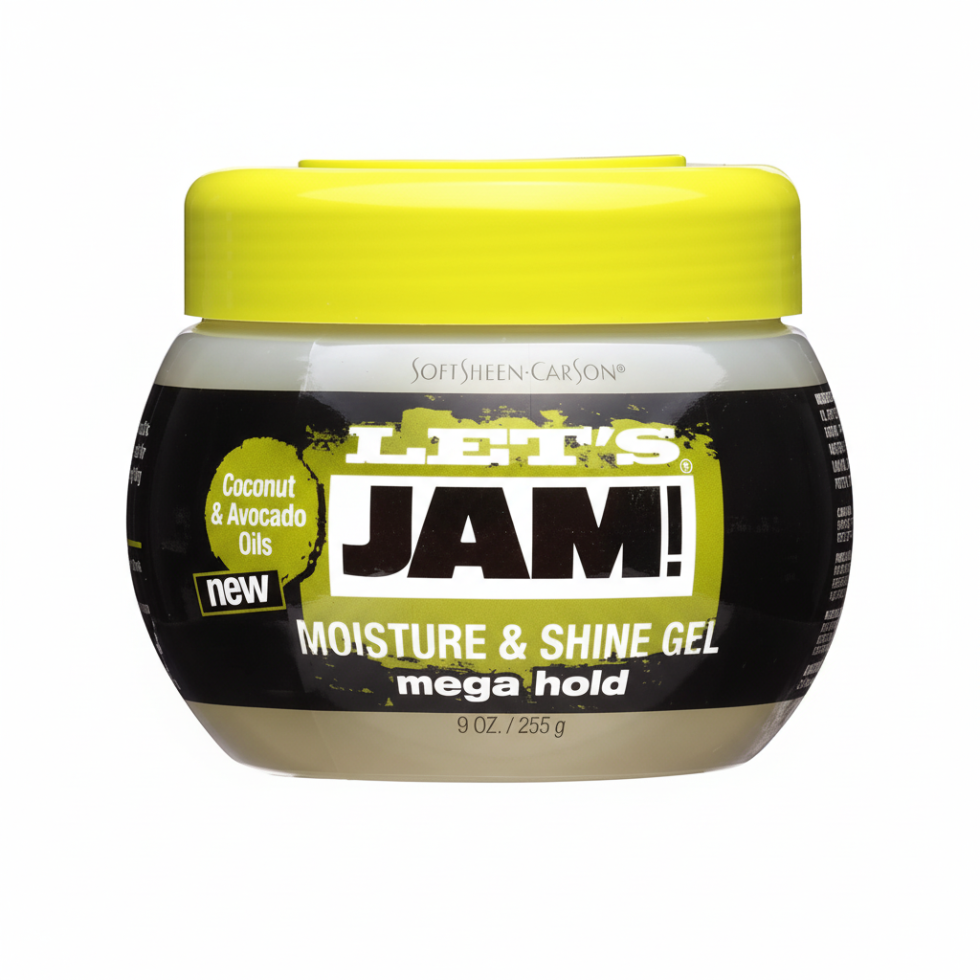 lets jam moisture and shine gel mega hold strong hold frizz control styling gel for sleek shiny hair