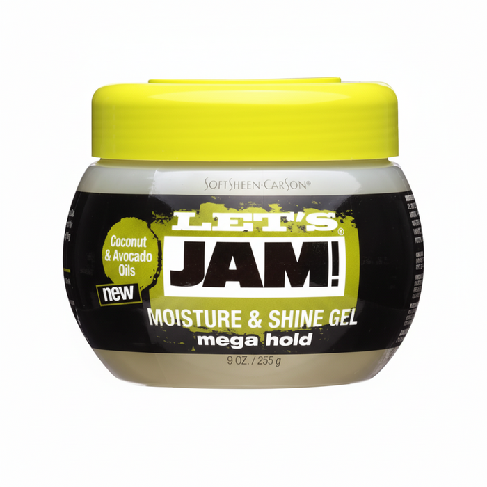 lets jam moisture and shine gel mega hold strong hold frizz control styling gel for sleek shiny hair