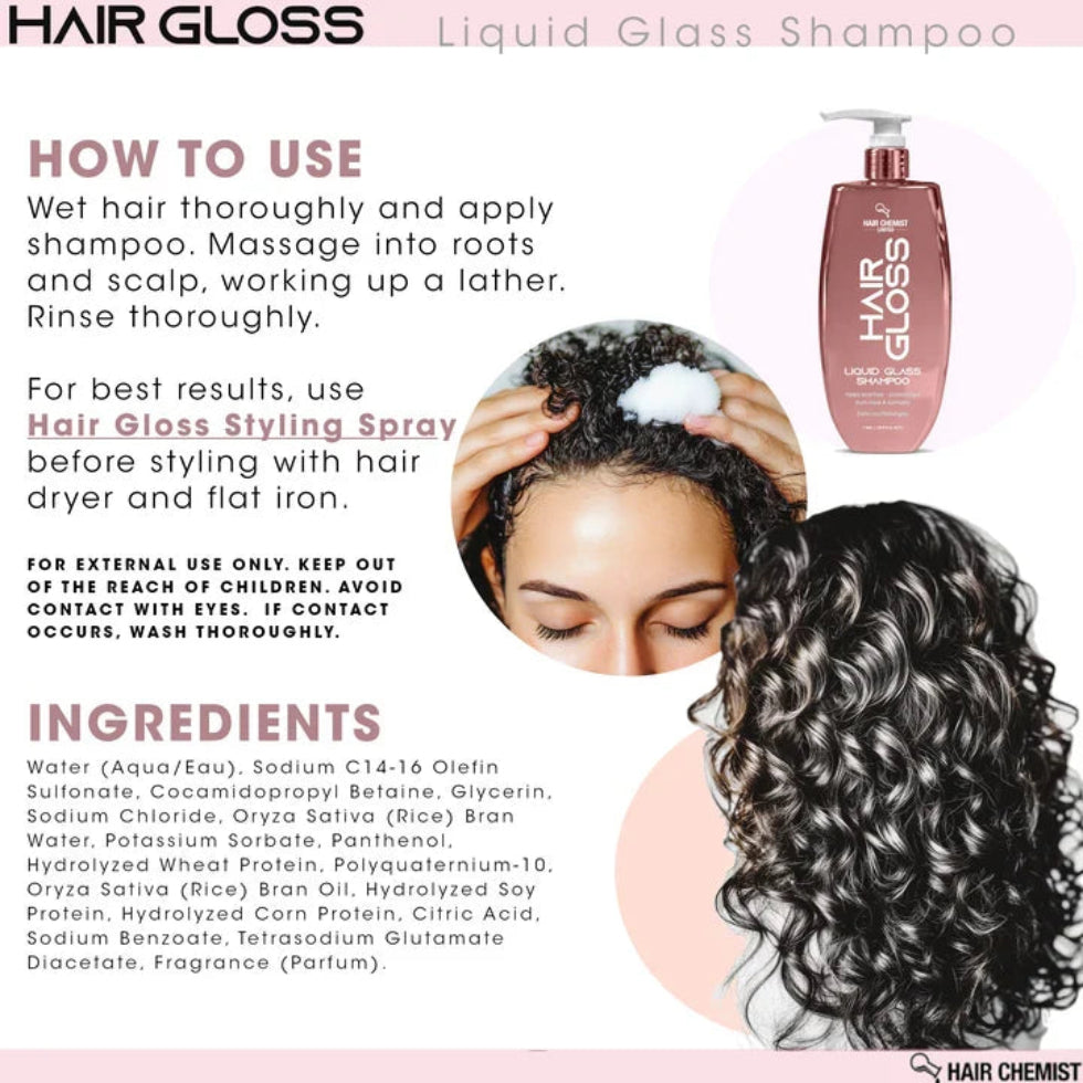 Hands massaging Hair Chemist Hair Gloss Liquid Glass Shampoo into the scalp and lengths during a wash.