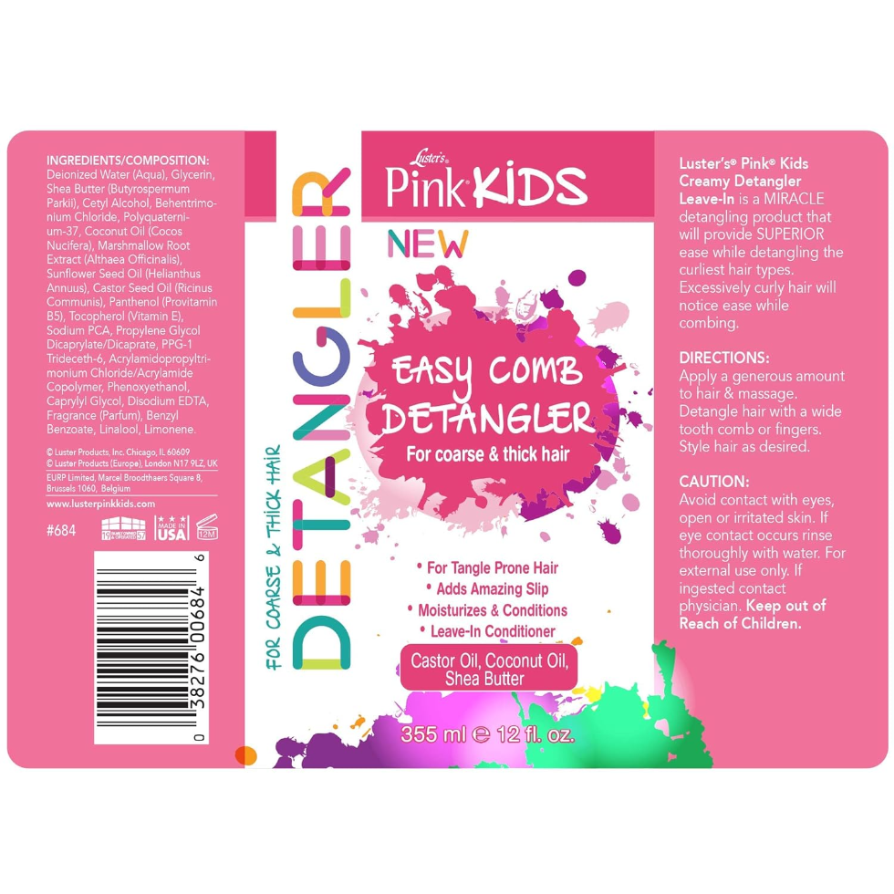 lusters pink kids easy comb detangler moisturizes curly hair tangle free soft smooth manageable kids hair care spray 12oz