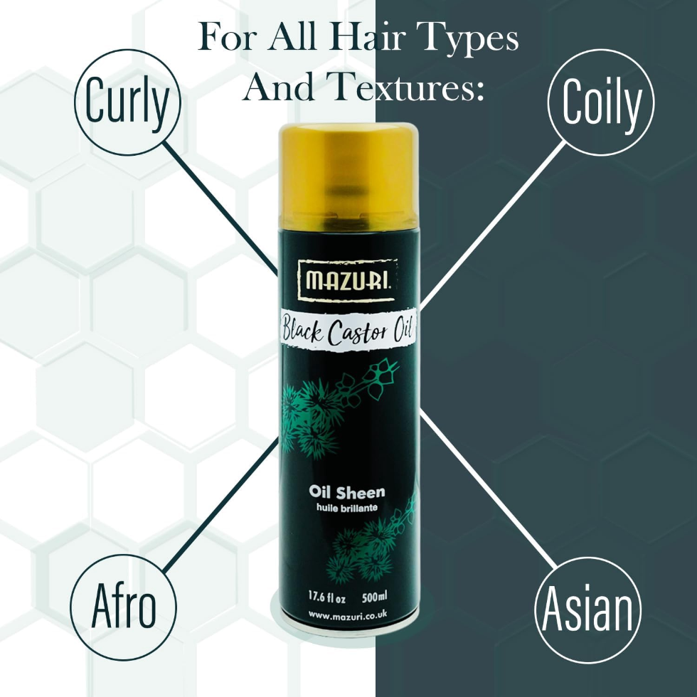 mazuri black castor oil sheen spray 500ml shine smooth finish frizz control moisturizing hair spray for glossy healthy looking hair